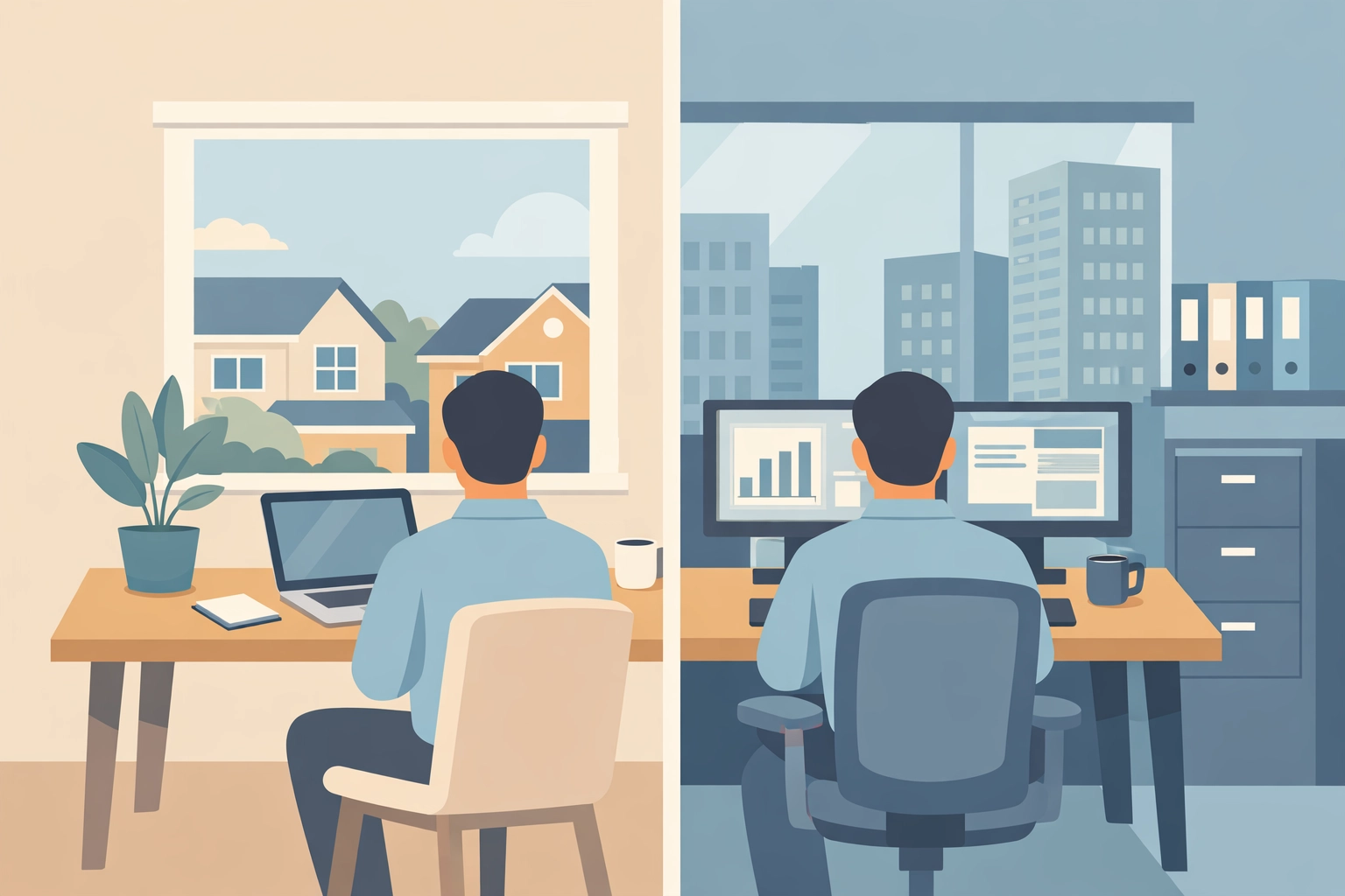 Split view of hybrid work environments showing home office and corporate office workspace