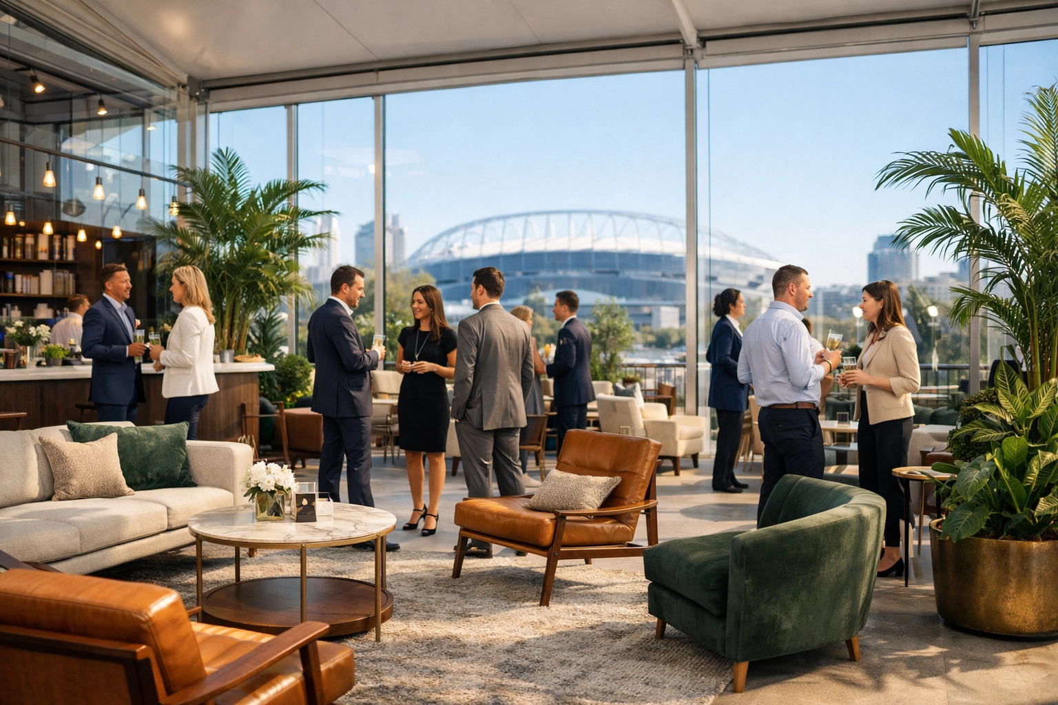 Luxury corporate pop-up lounge for Super Bowl branding activations and VIP executive networking.