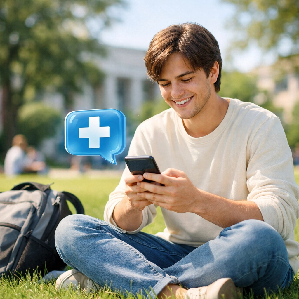 Student using secure medical messaging for an online doctor consultation and prescription refill.