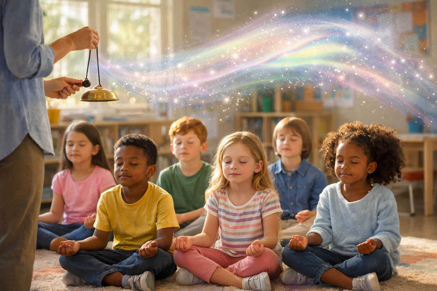 Teacher using sound healing instruments to lead students in a mindful classroom meditation.