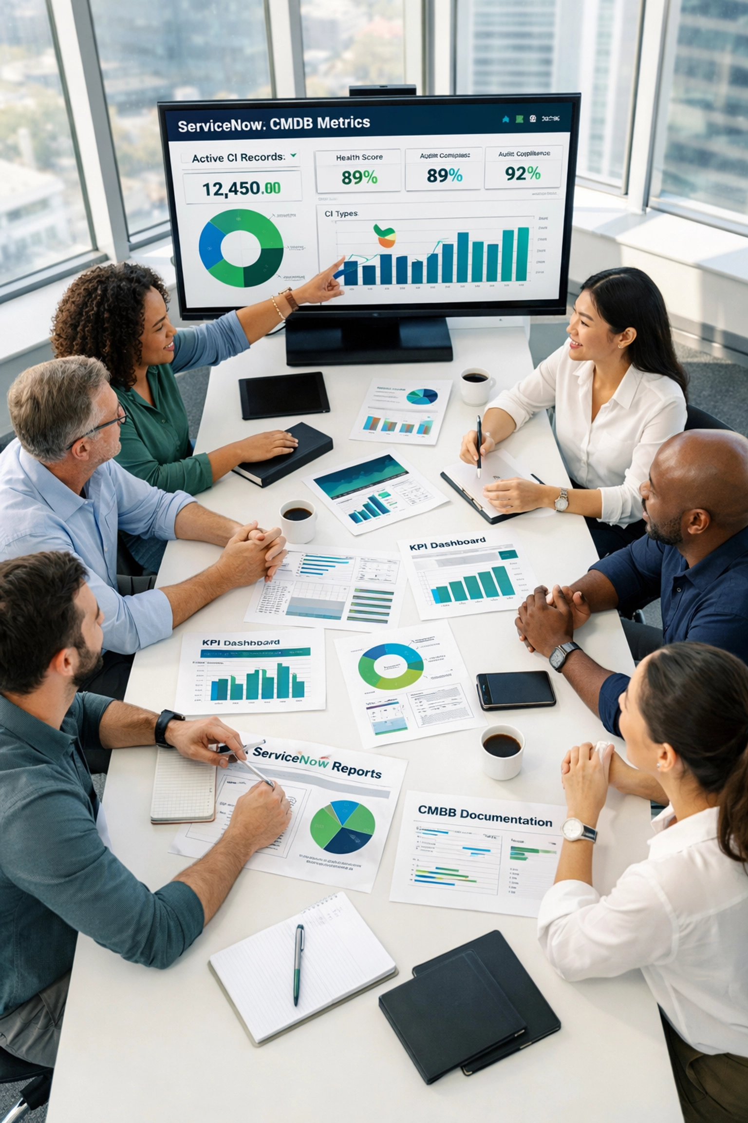 Team reviewing ServiceNow ITOM metrics and CMDB configuration data in partner evaluation meeting