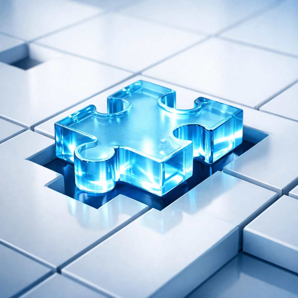 Bespoke AI solution integration represented by a glowing puzzle piece fitting into a digital grid.