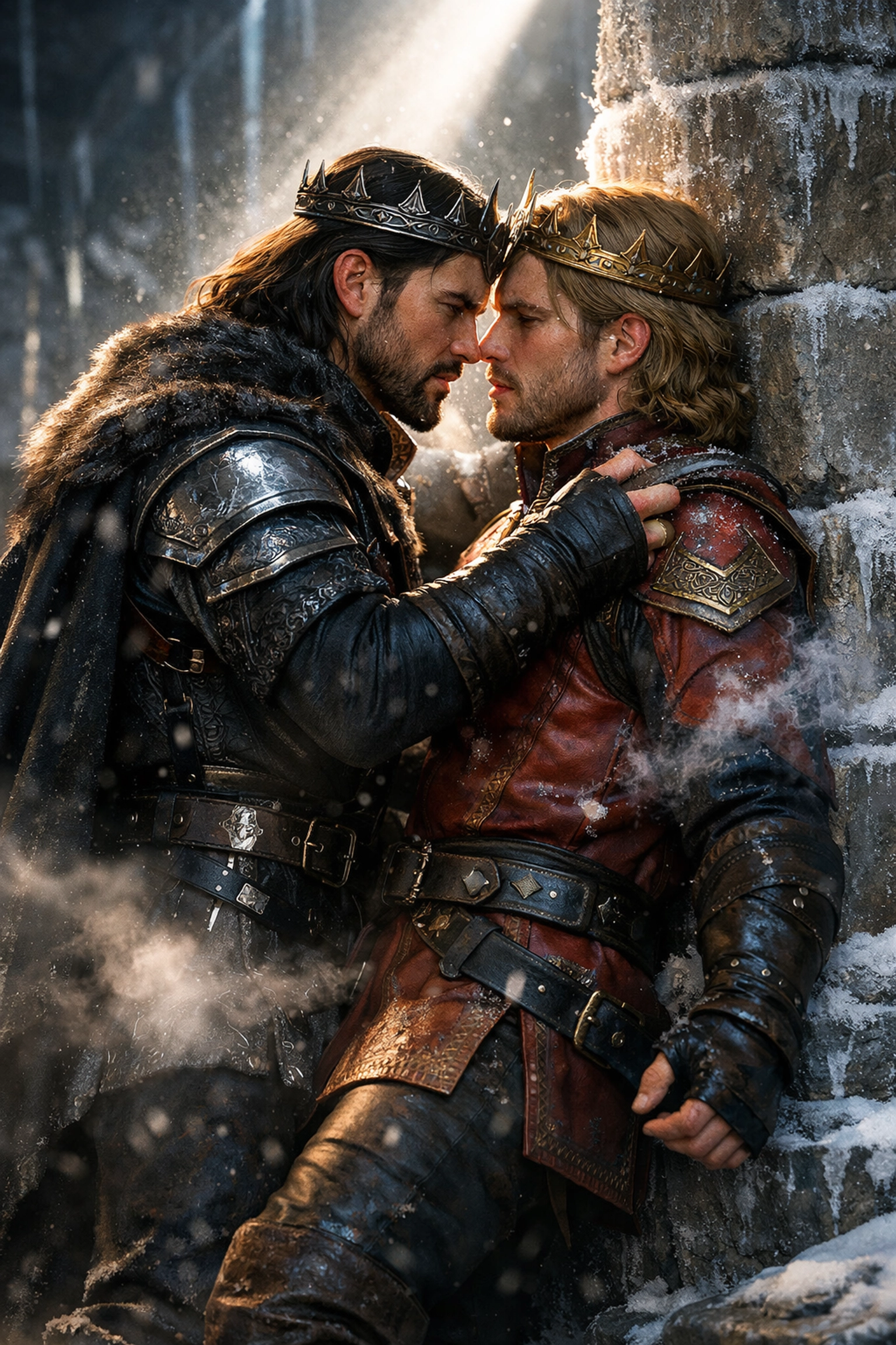 Two rival monarchs in a tense confrontation, capturing the enemies-to-lovers trope in gay romance.