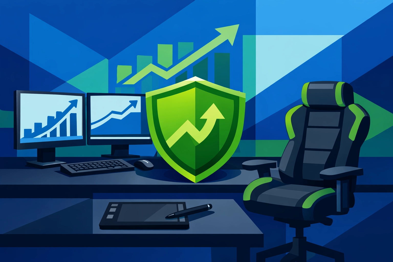 Office equipment and a shield icon representing QBI tax deductions for independent contractors.
