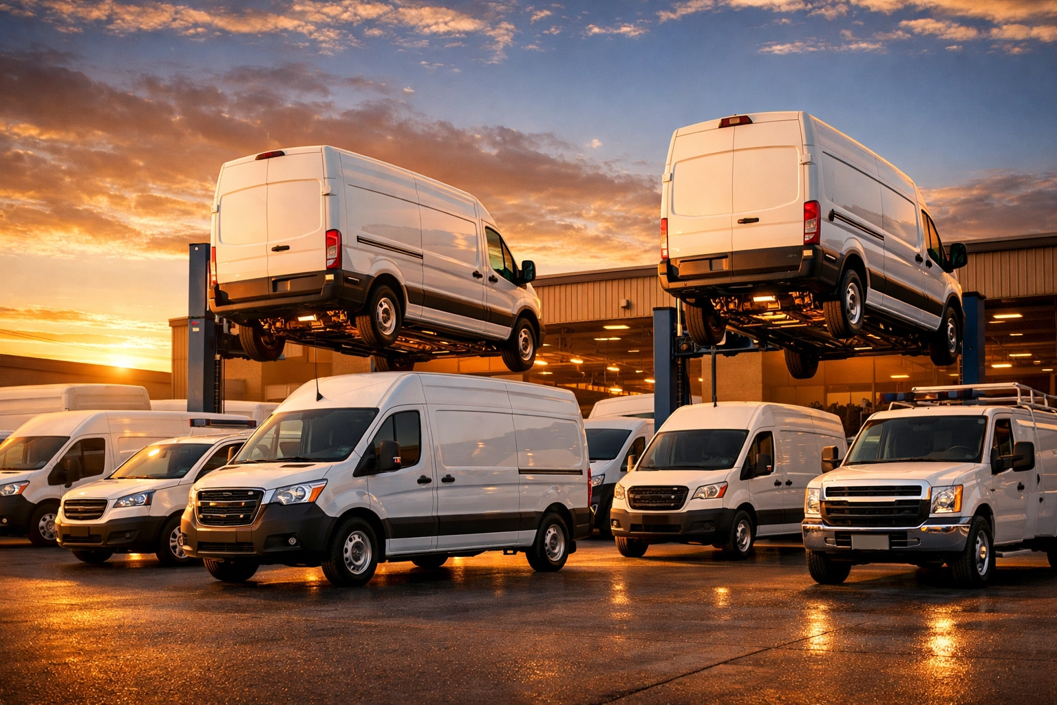 Company fleet of white commercial vans at depot showing rustproofing investment value