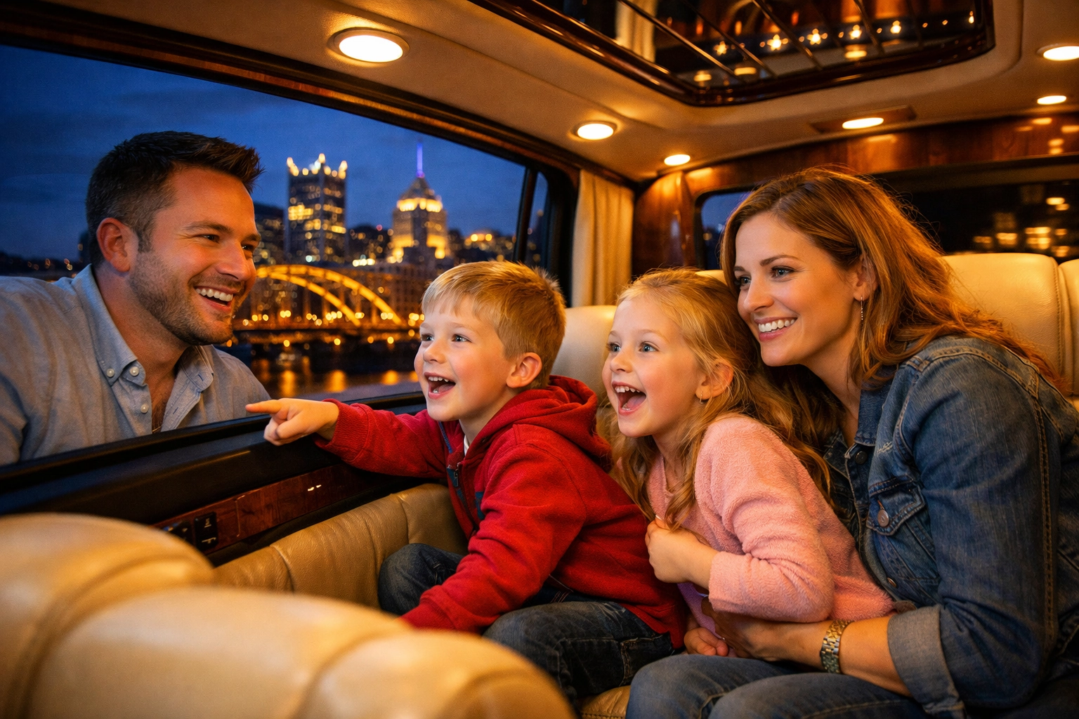 Family with children enjoying Pittsburgh limo service with city skyline view through windows