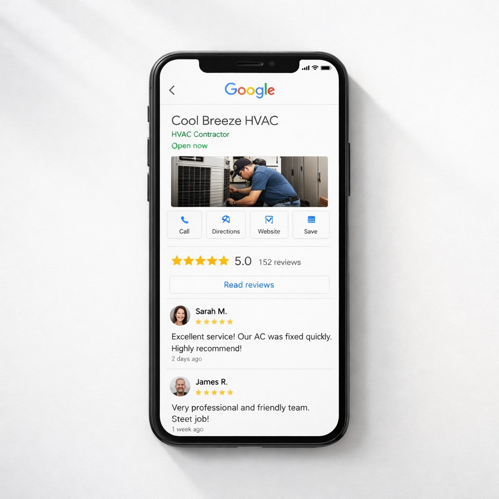 Google Business Profile with five-star reviews for HVAC company on smartphone screen
