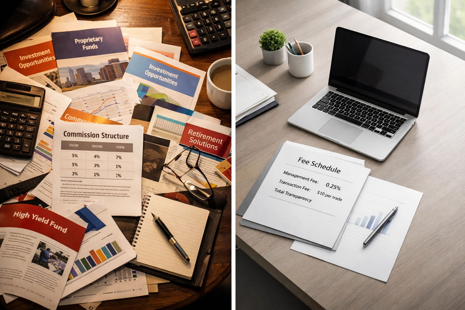 Comparison of cluttered broker desk versus clean fee-only advisor workspace showing transparency
