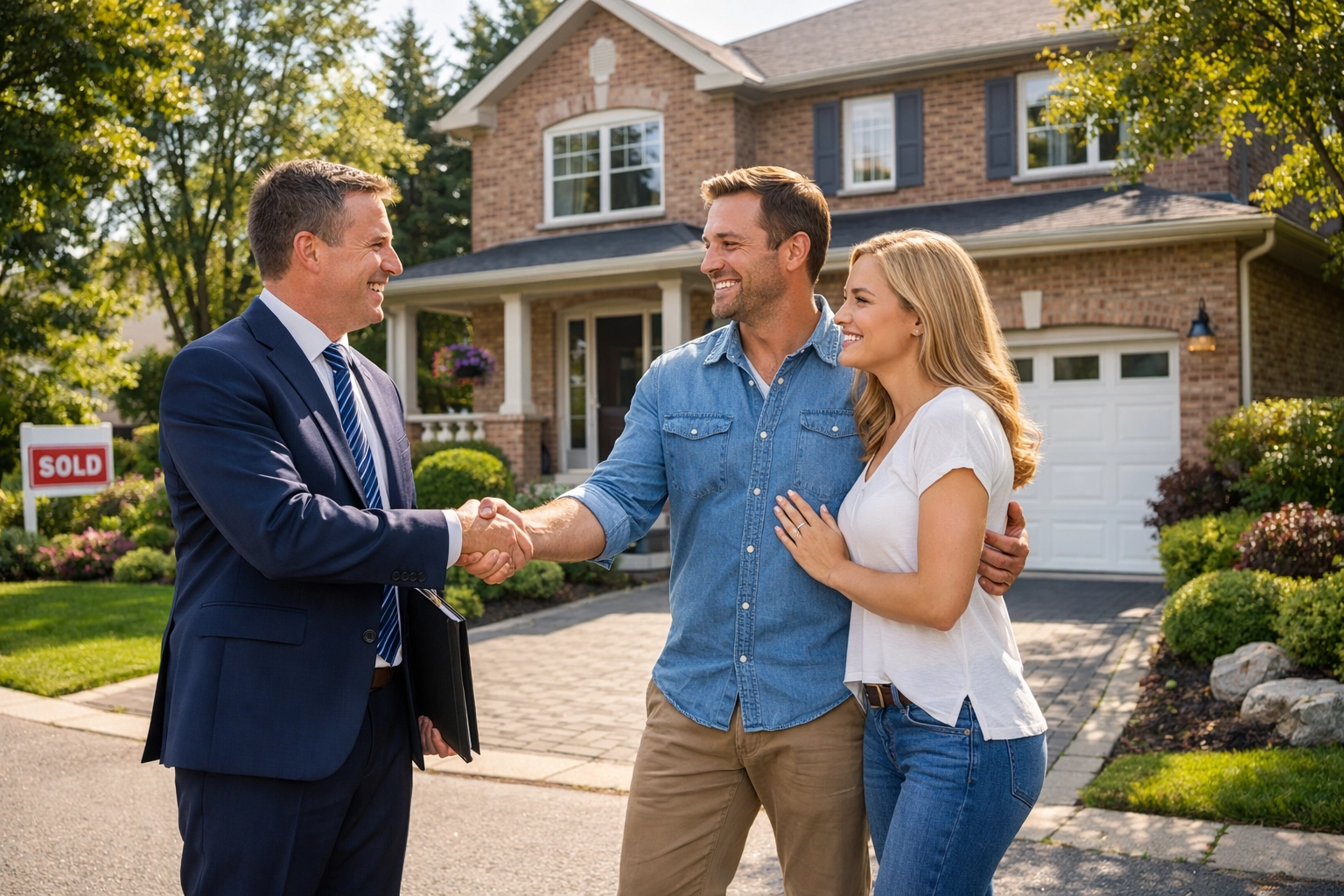Happy couple with a real estate agent Innisfil outside their new home after a successful sale.