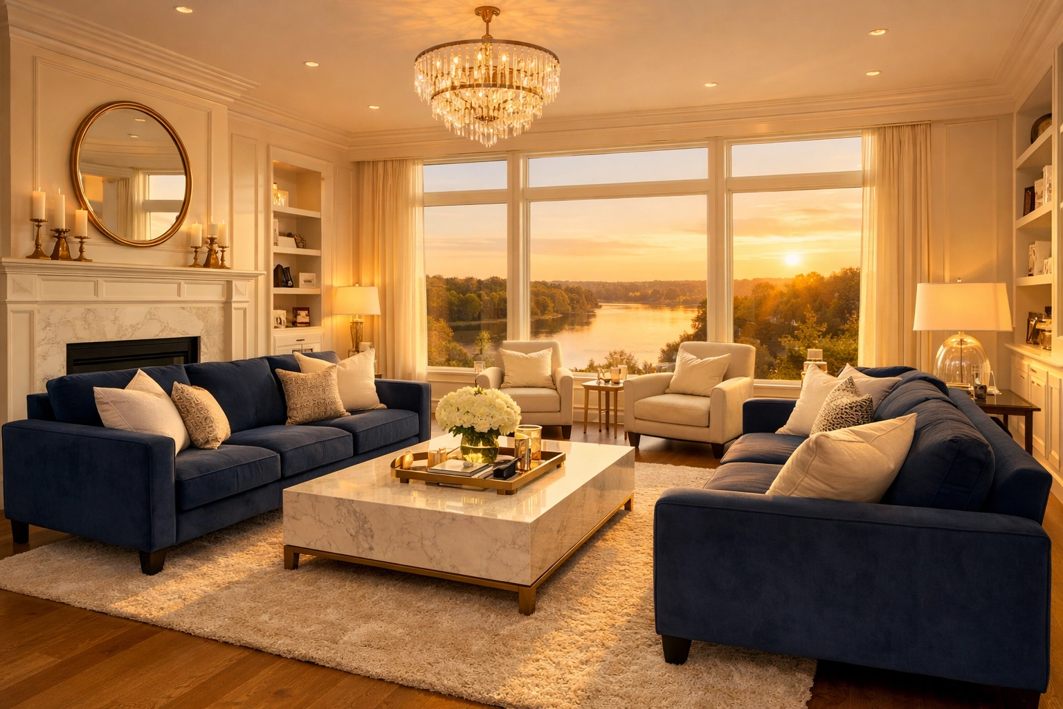 A spotless, relaxing living room in Lowell with a view of the Merrimack River after a deep cleaning Lowell session.
