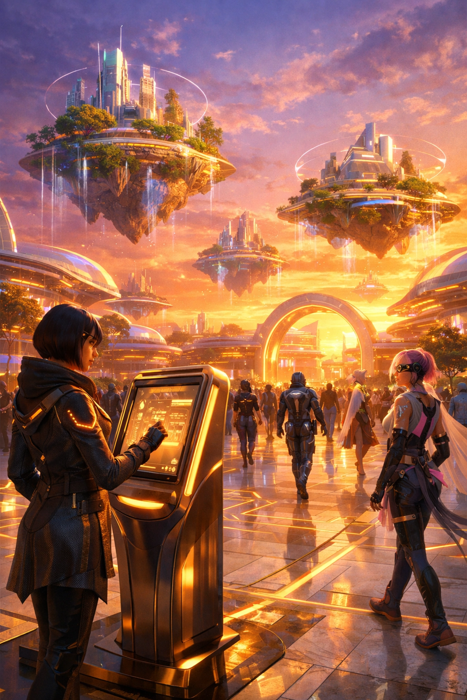 Futuristic Metaverse plaza and community hub representing the social future of Larecoin shopping.