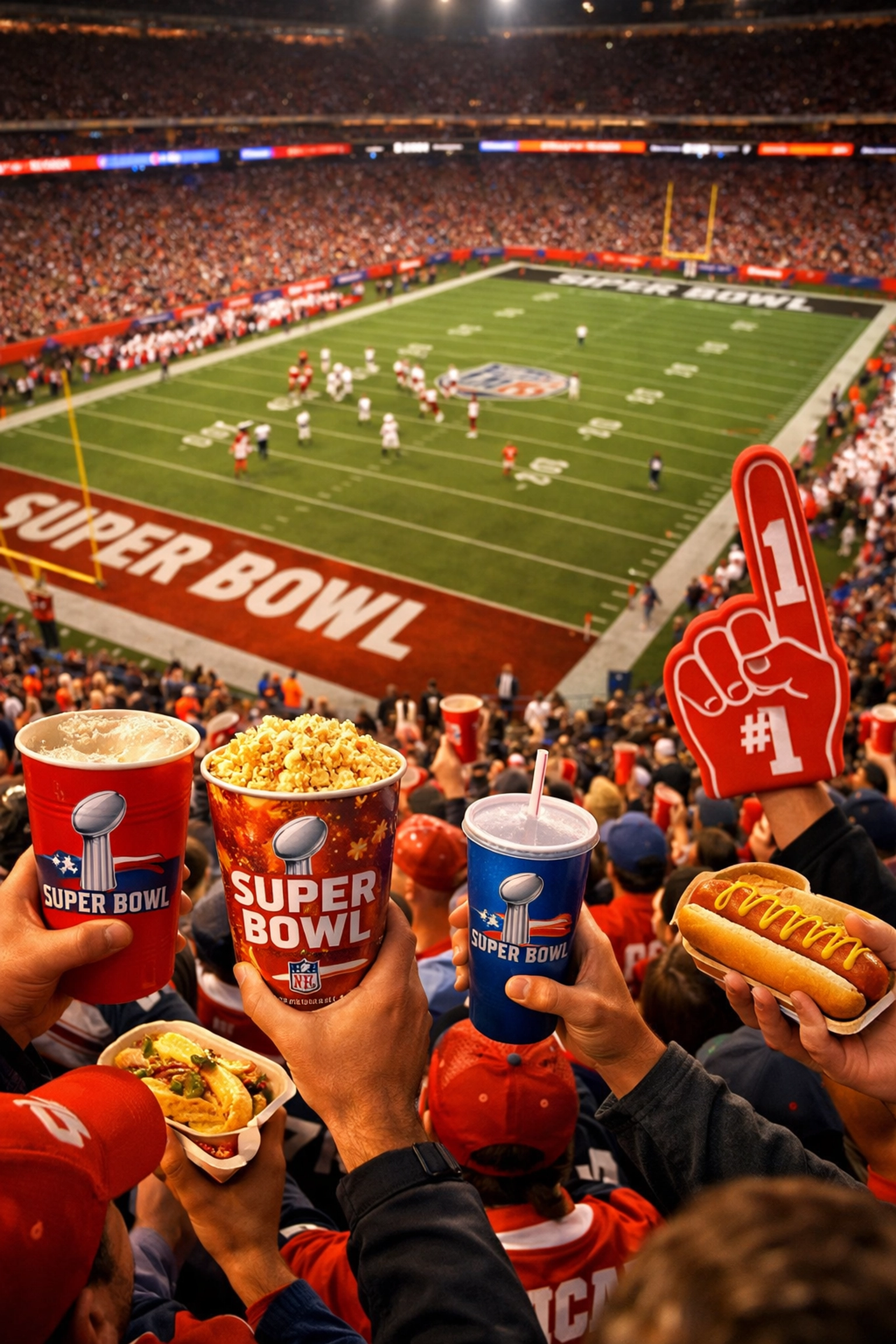 Super Bowl stadium crowd holding branded cups showing fan engagement with physical marketing touchpoints