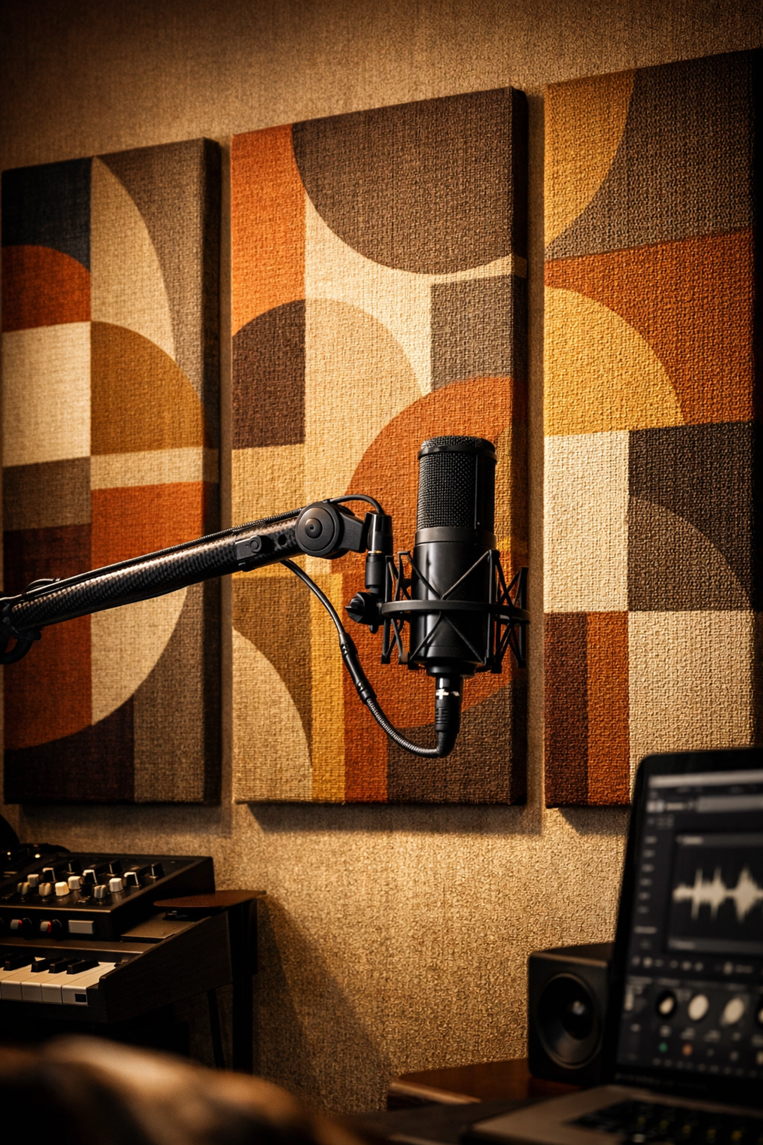 Aesthetic acoustic panels and professional microphone setup for sound treatment in a small studio.