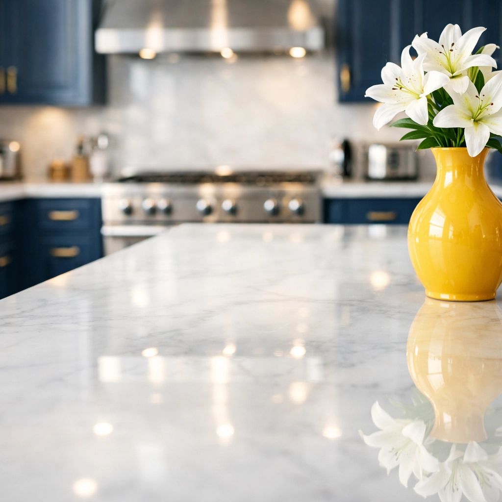 Polished marble kitchen island after a professional bi-weekly house cleaning in Carlisle, Massachusetts.