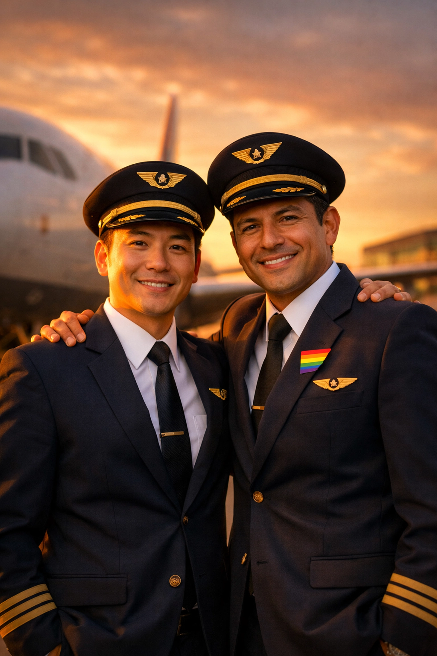 Two gay pilots in uniform standing together by commercial aircraft representing LGBTQ+ aviation diversity