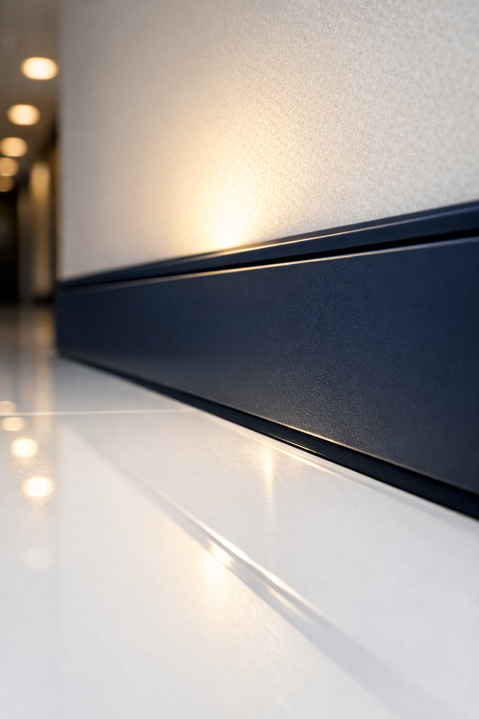 Close-up of a meticulously polished and dust-free corporate hallway floor showing professional cleaning detail.