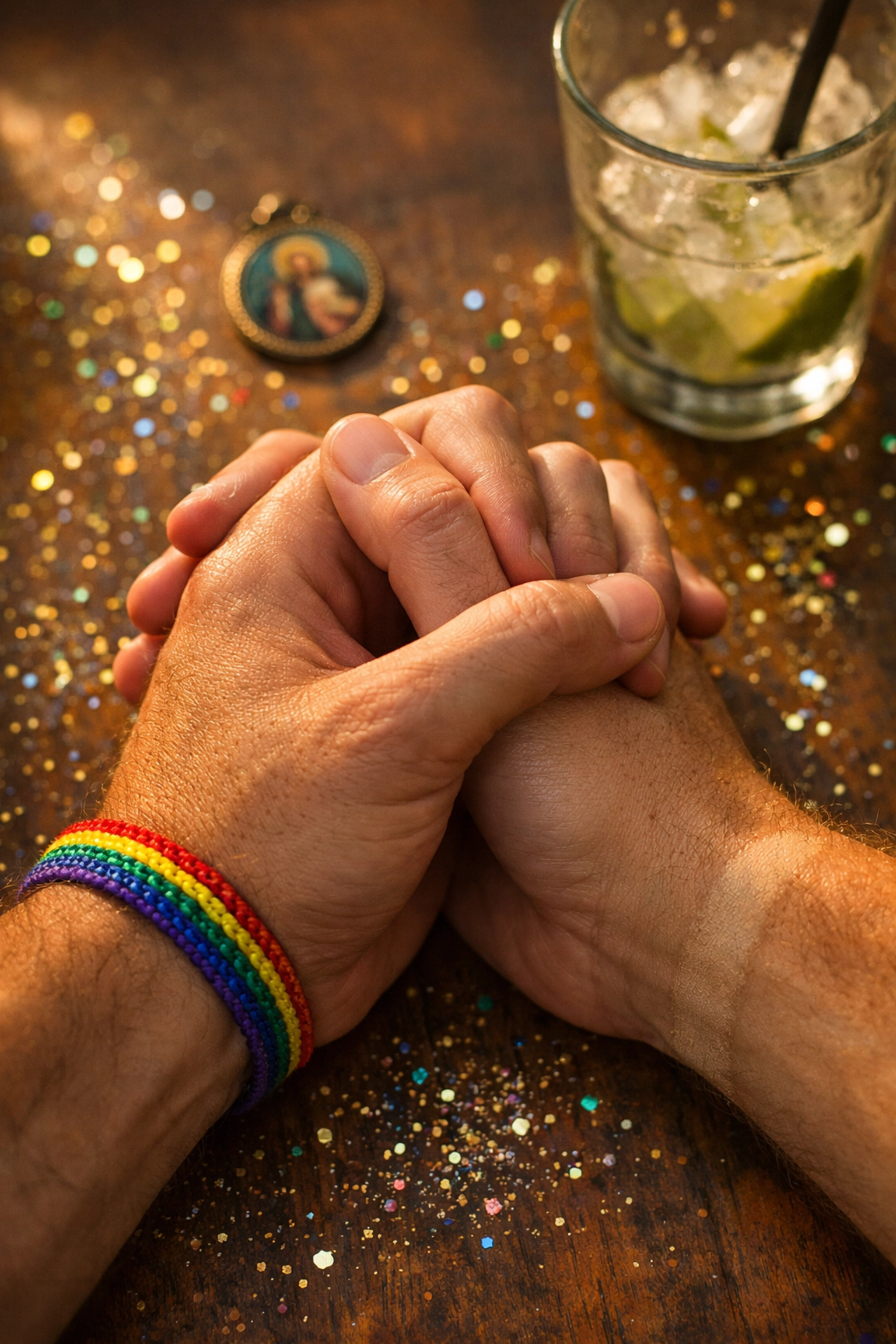 Intertwined hands of two men with Carnival glitter symbolizing MM romance overcoming Catholic guilt
