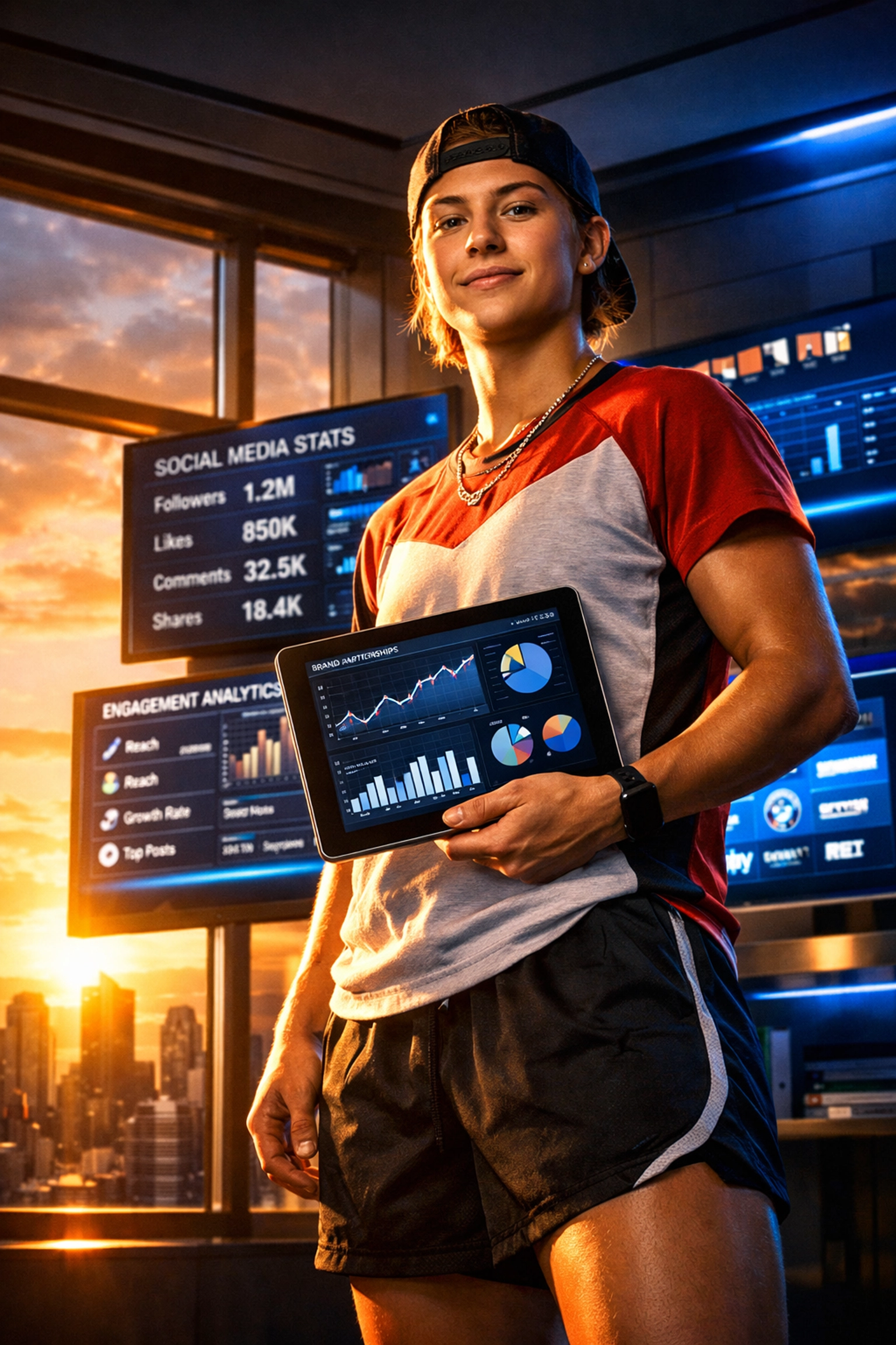 College athlete reviewing NIL brand partnership data and analytics on tablet in modern office