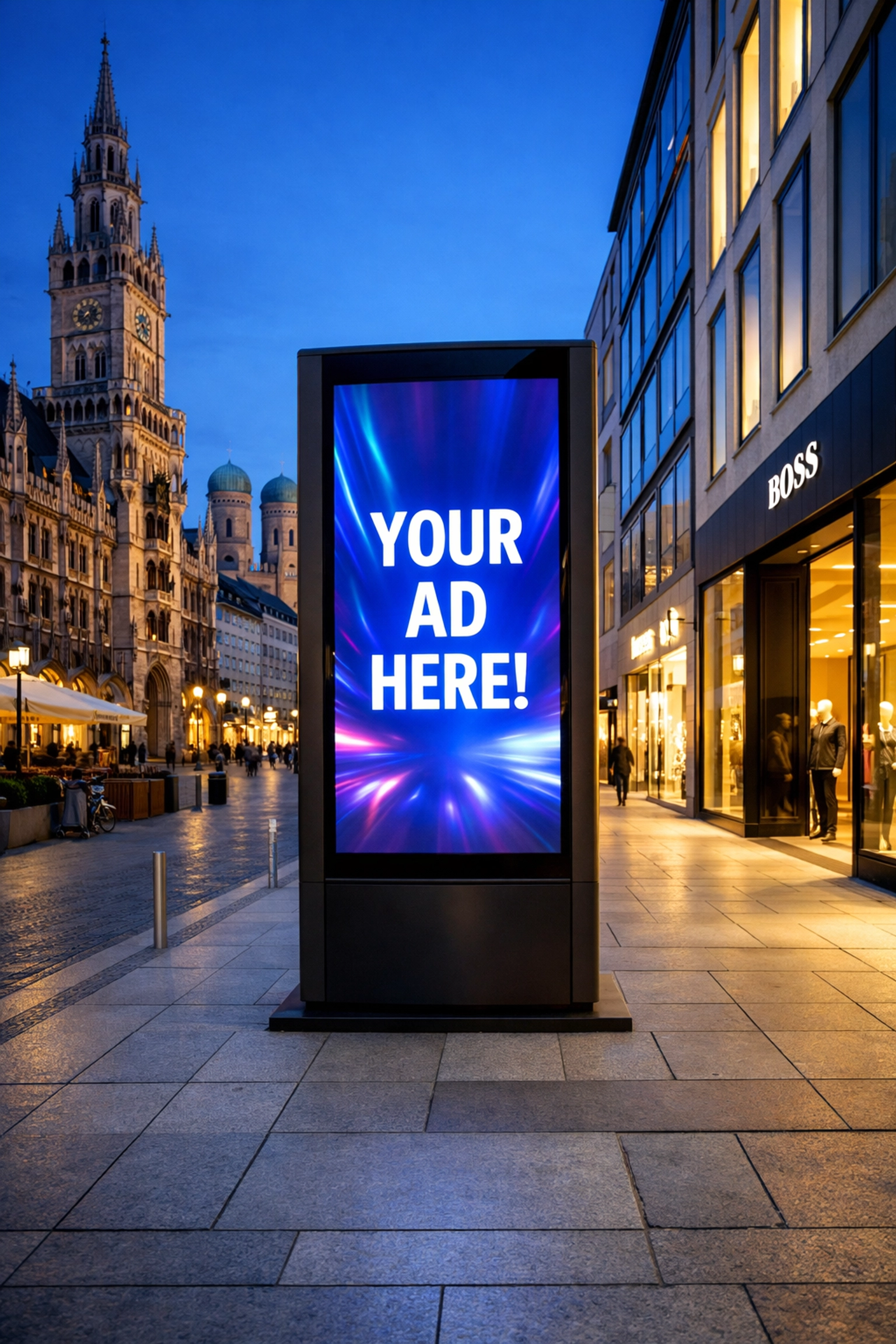 Modern digital advertising pylon on a Munich sidewalk highlighting hyper-local venue targeting.