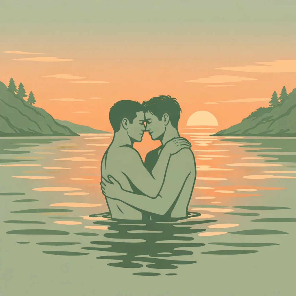 Gay couple embracing in shallow waters at Torre del Lago nudist beach at sunset in Italy