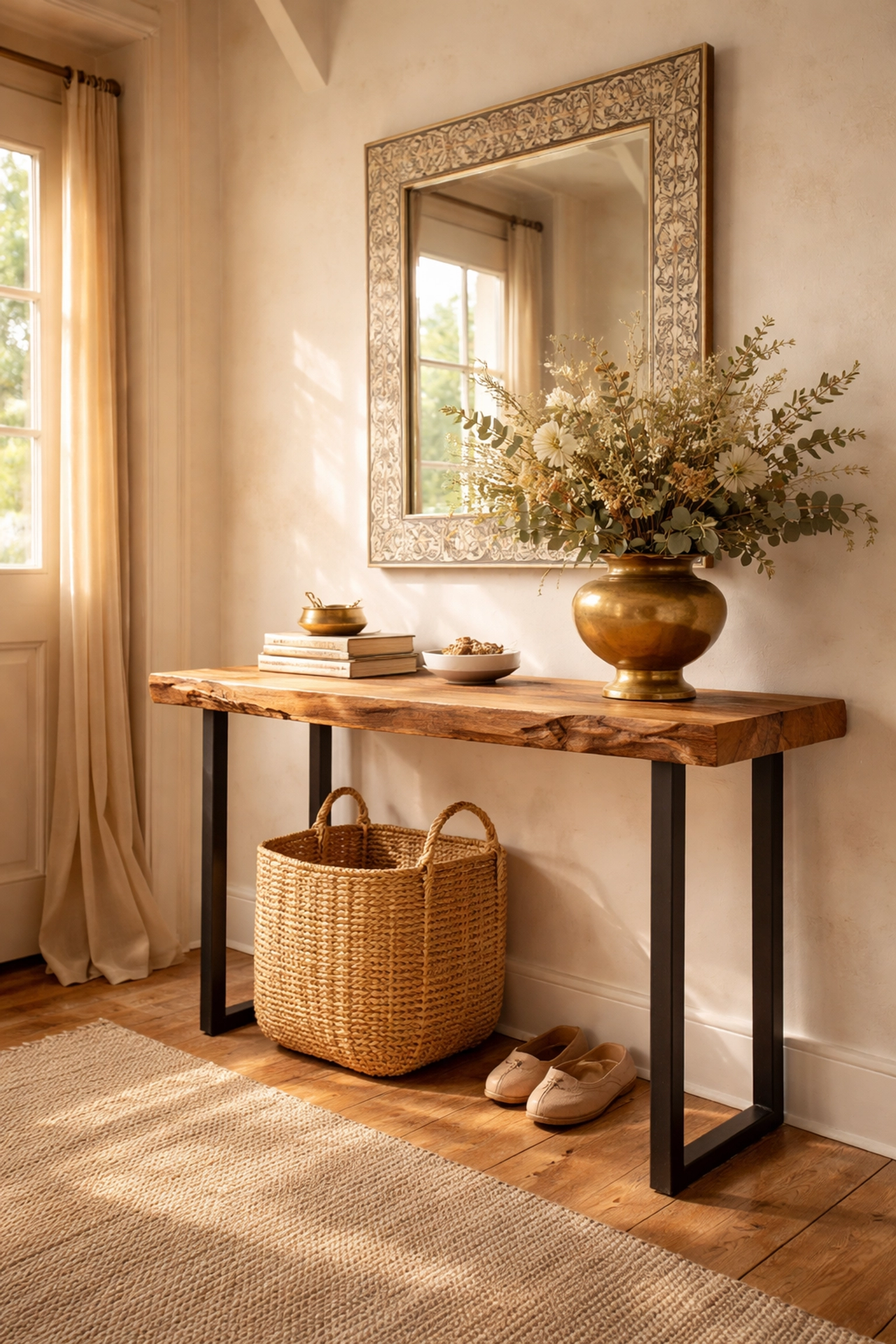 Warm entryway with a live-edge wooden console, bone inlay mirror, and artisanal decor for inviting home style