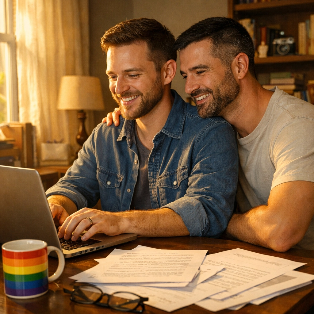 Two gay authors collaborating on manuscript for LGBTQ+ ebook publishing