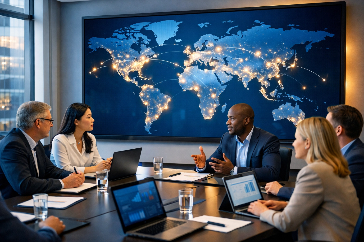 Global media strategy team collaborating on international brand partnerships with world map