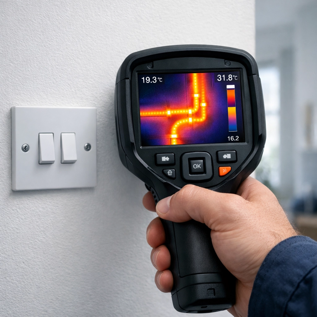 Electrician in Dorset using a thermal imaging camera to detect hidden electrical faults and hot spots behind a wall.