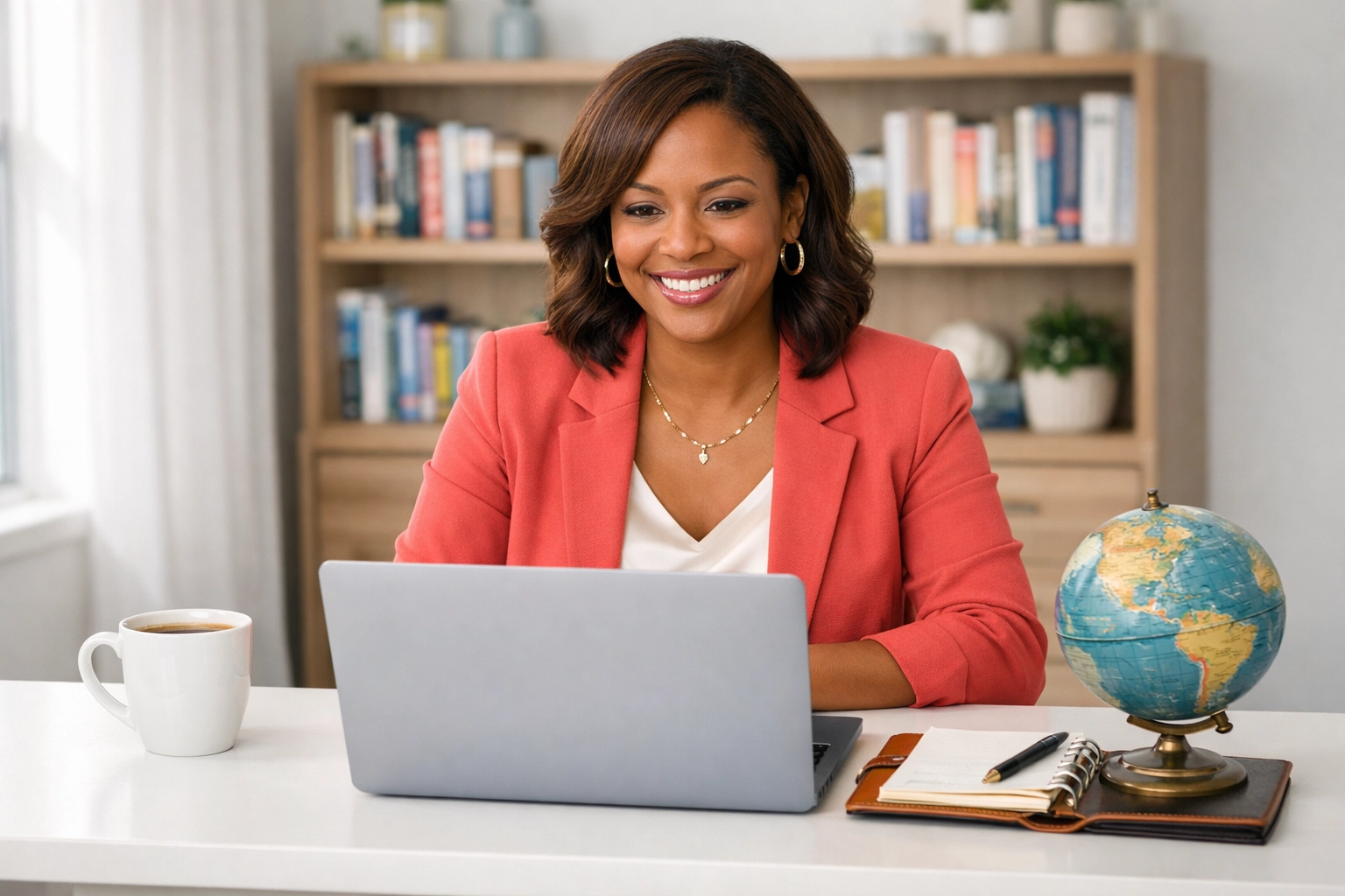 Omaha travel agent in a modern home office preparing for a professional travel consultation session.