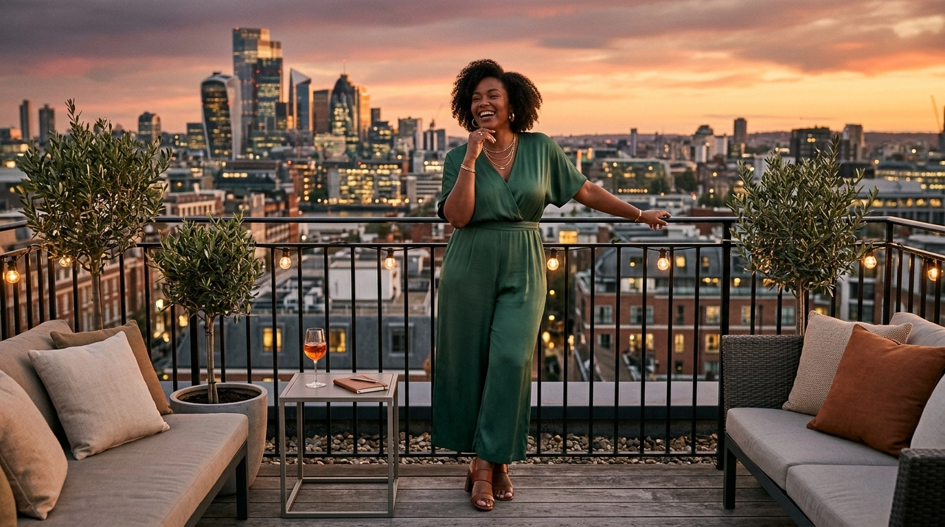An elegant woman standing on a rooftop terrace, looking confidently at the city skyline at sunset