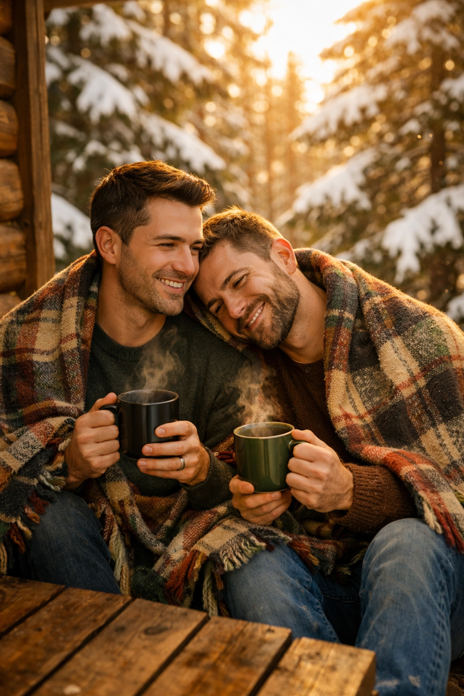 Gay couple enjoying morning coffee on rustic cabin deck surrounded by snowy pine forest