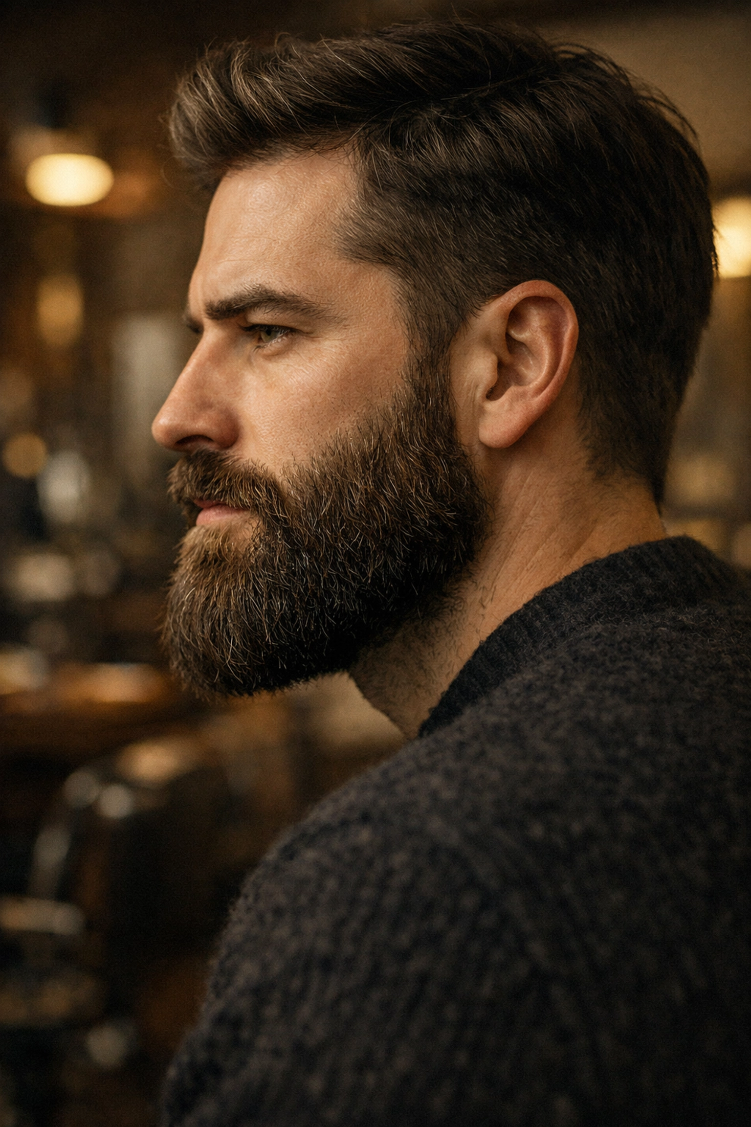 Profile of a man with a soft, well-groomed beard showing healthy luster without greasy residue.