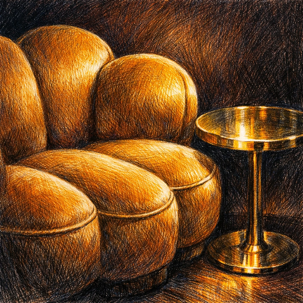 Cinematic velvet armchair in a moody lounge, showcasing luxury hospitality furniture design.