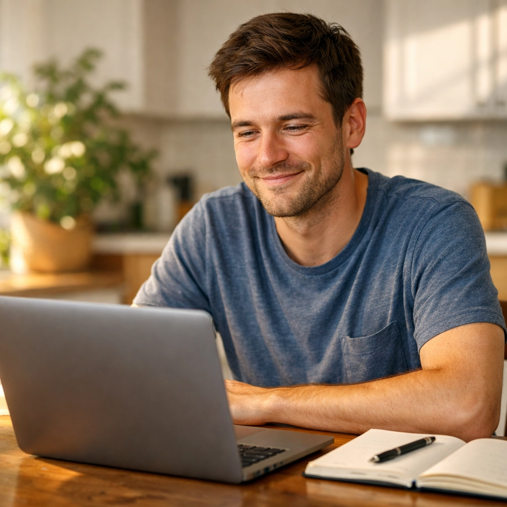 Man happily calculating savings from low-interest bad credit loans in Canada on a laptop.