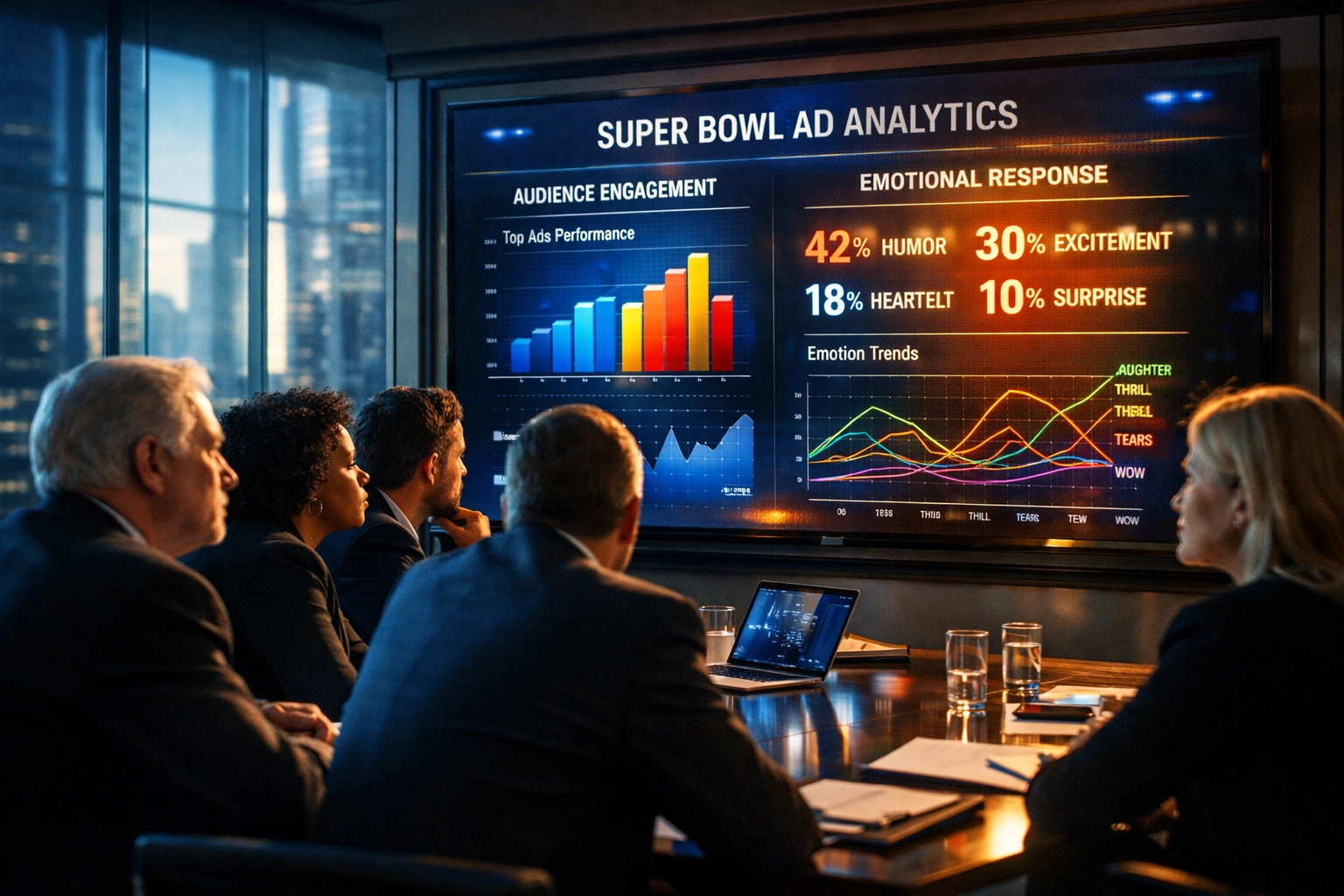 Business leaders analyzing Super Bowl advertising metrics and emotional engagement data