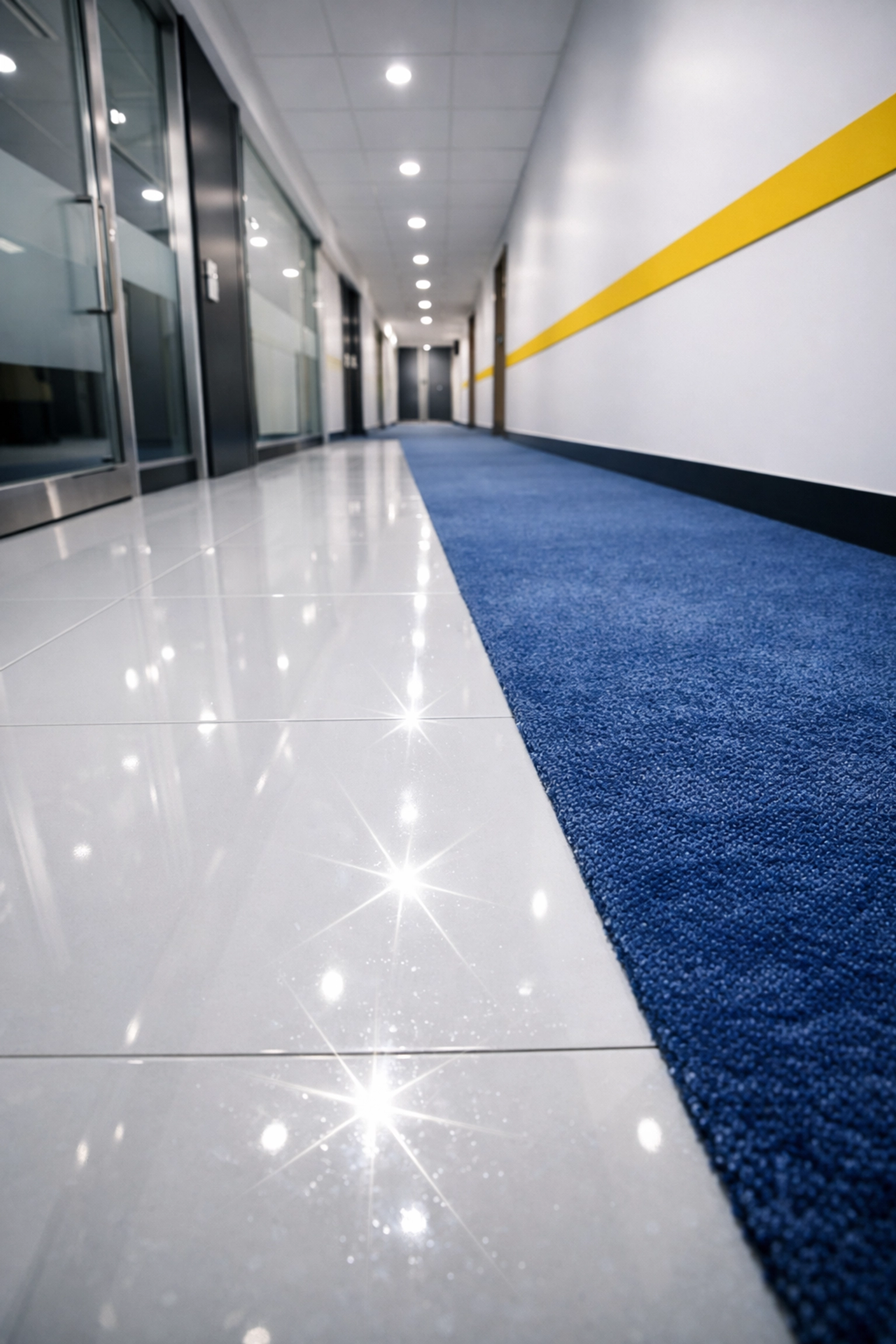 Gleaming office corridor with freshly cleaned floors in a Westborough facility showing attention to detail.