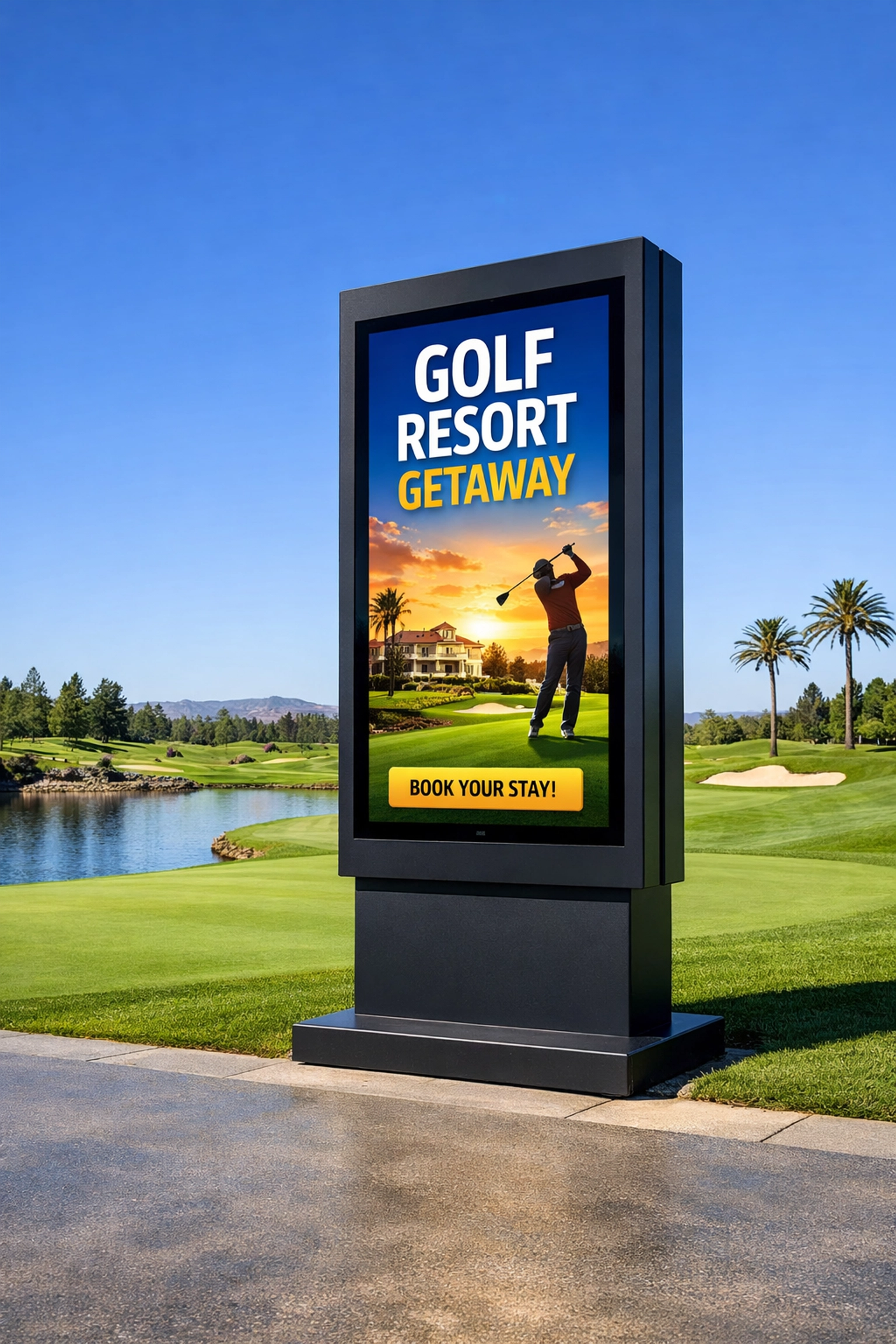 Professional digital advertising kiosk on a golf course targeting high-value outdoor enthusiasts.