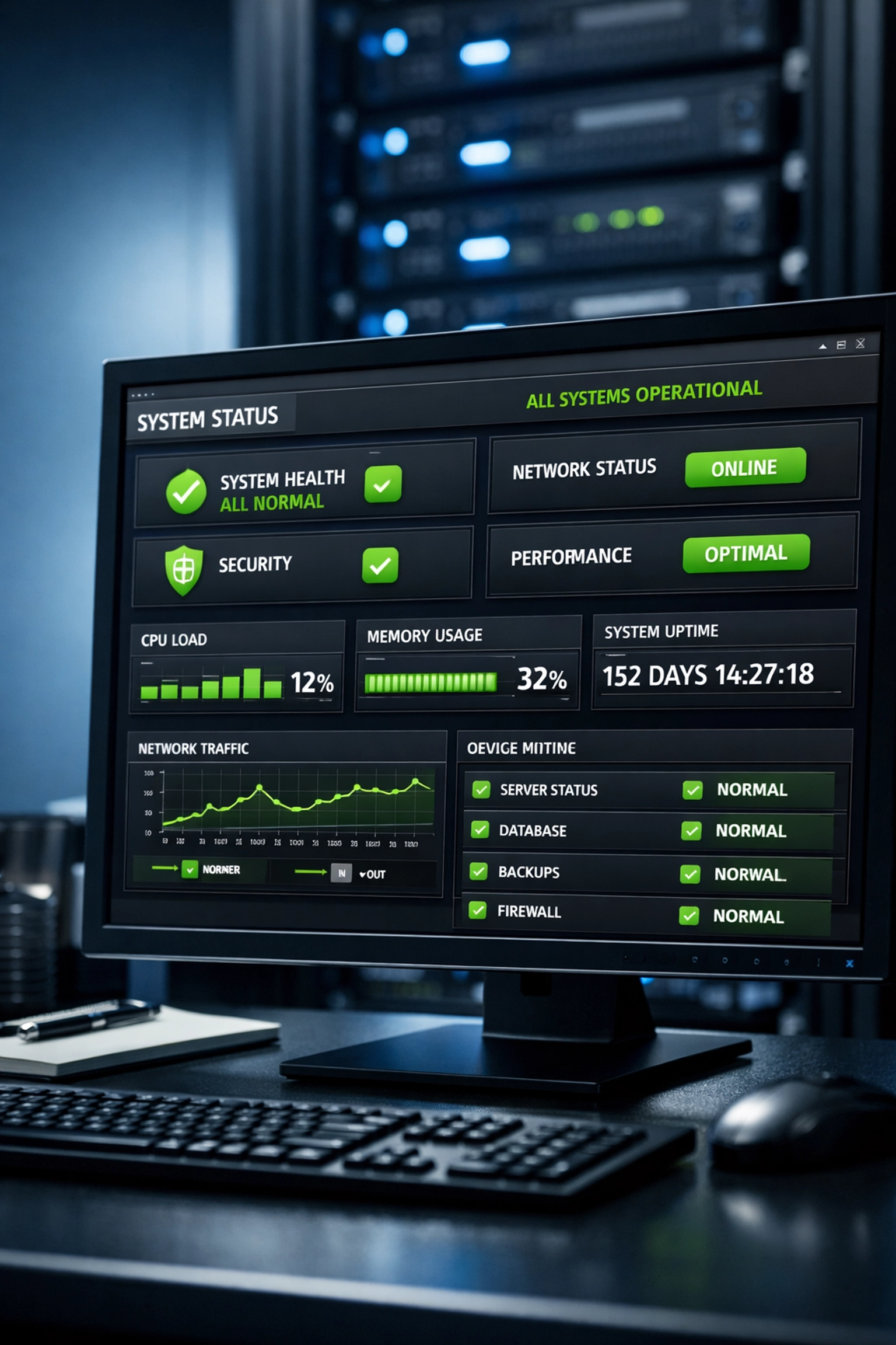 High-tech monitor displaying a healthy ServiceNow ITOM strategy dashboard for optimized enterprise ROI.