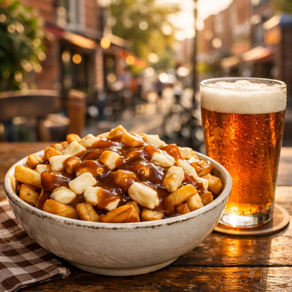 A classic Quebec poutine with cheese curds and gravy served on a sunny Montreal patio.