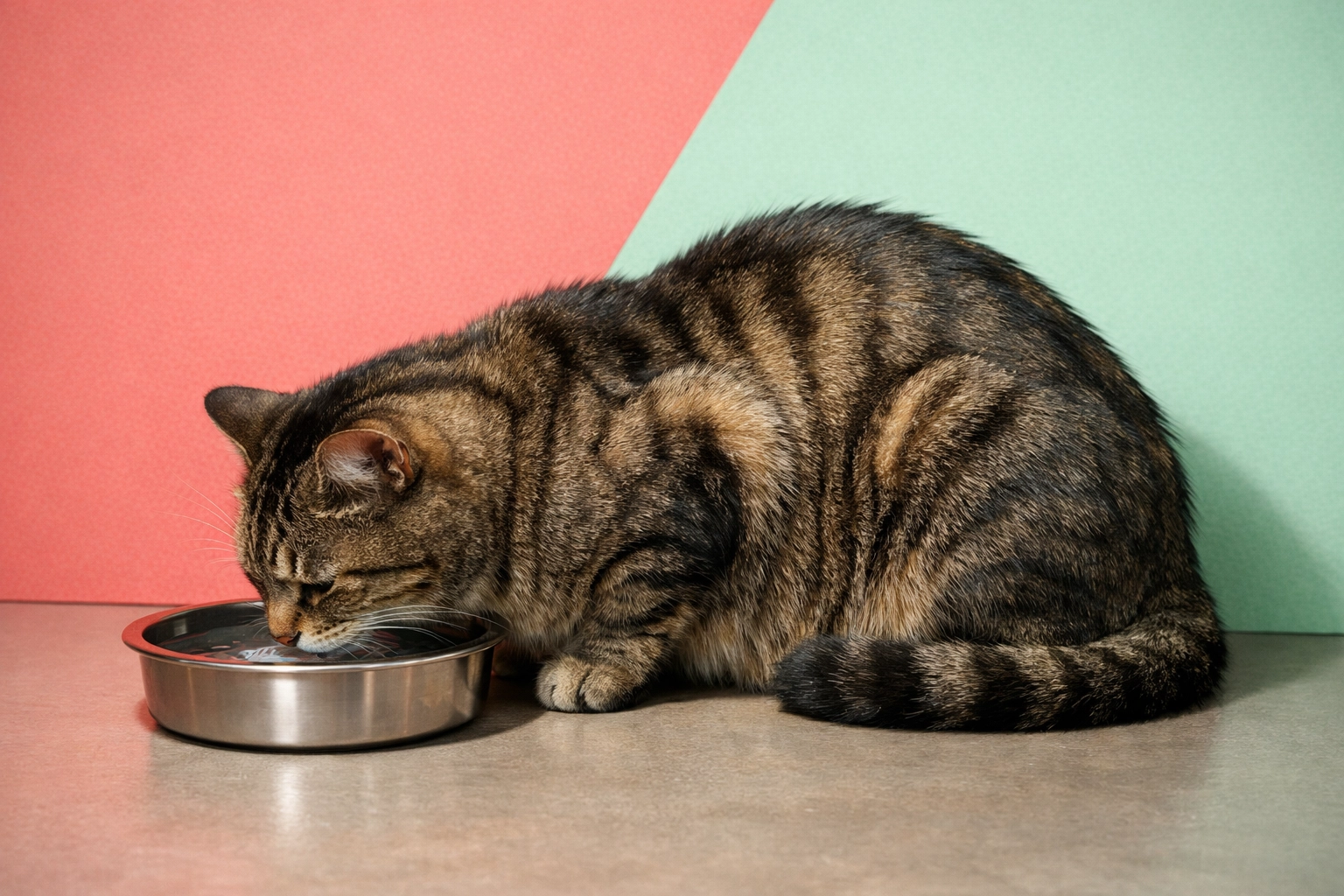 Cat in vulnerable crouched position drinking from floor-level water bowl showing exposed back and limited visibility