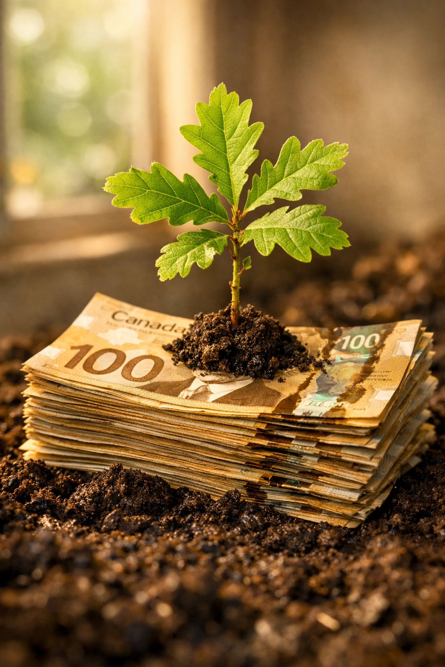 Small plant growing from Canadian currency illustrating the long-term growth and ROI of SEO services for small business.