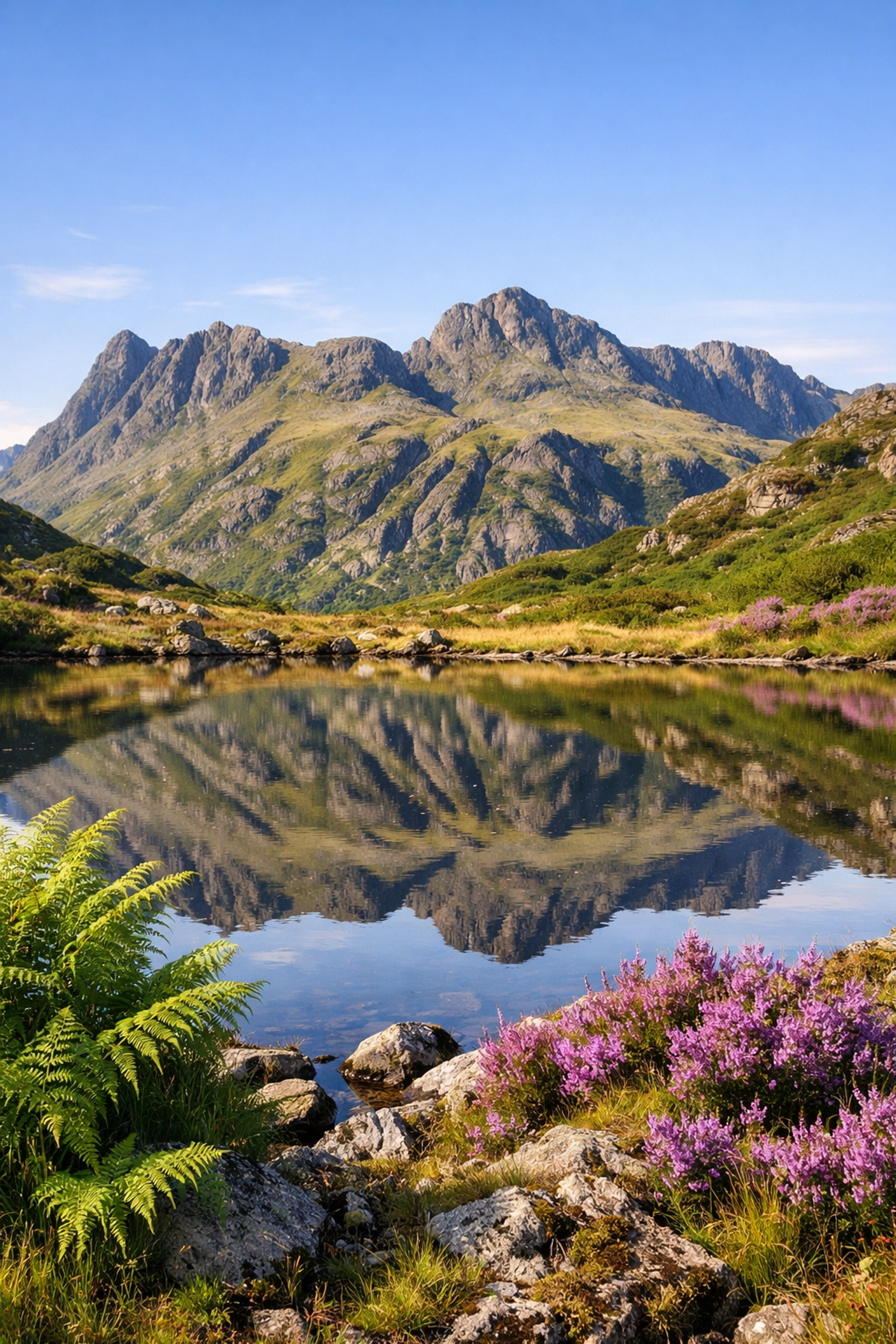 The stunning Langdale Pikes reflected in a mountain tarn, a highlight of guided walks in the Lake District.