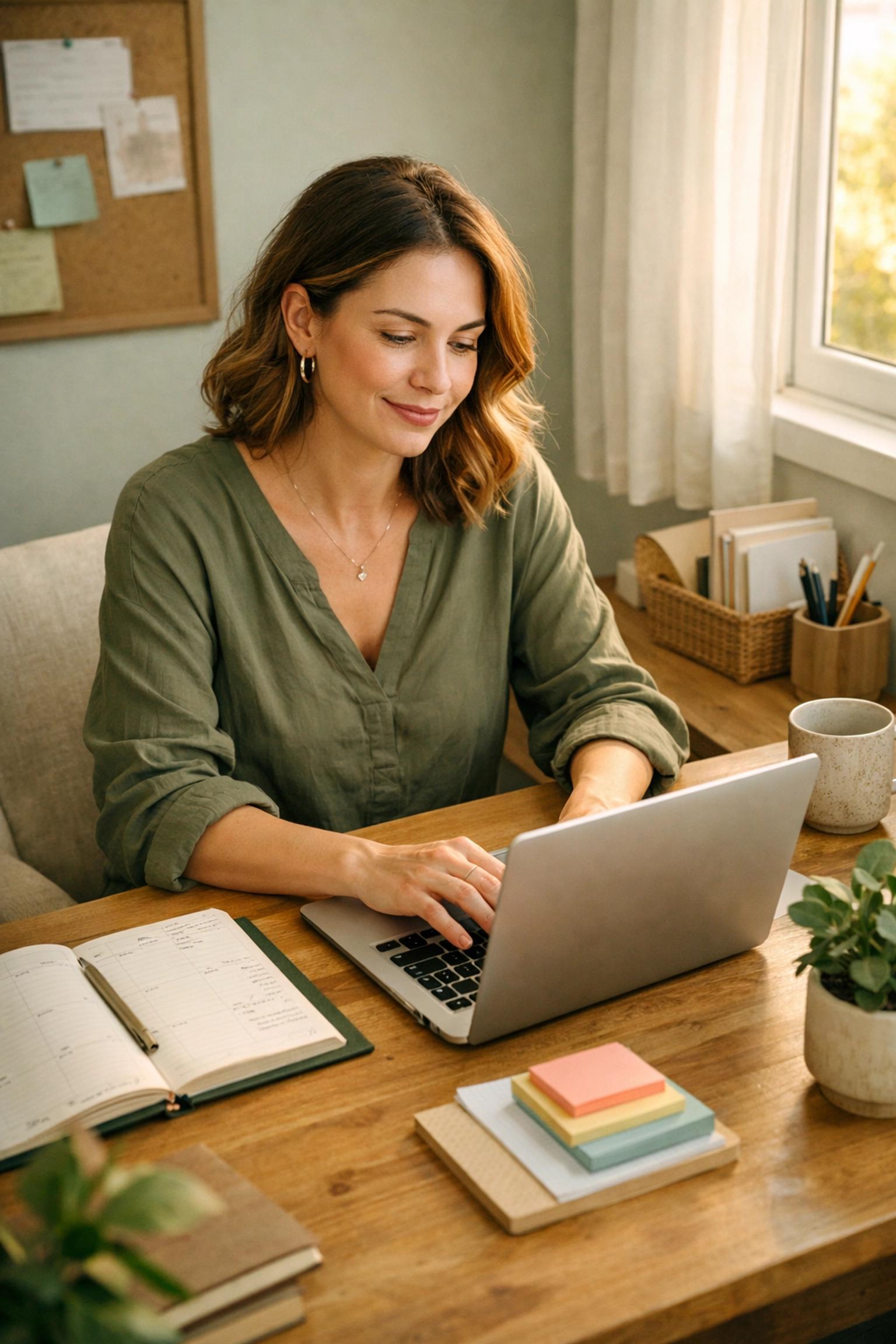 Adult woman with ADHD working productively at organized home office with planner and laptop