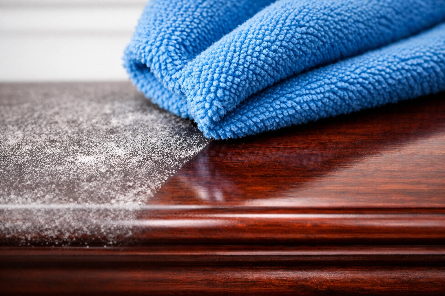 Using a microfiber cloth for detailed dust removal during post construction cleaning in a Hudson home.