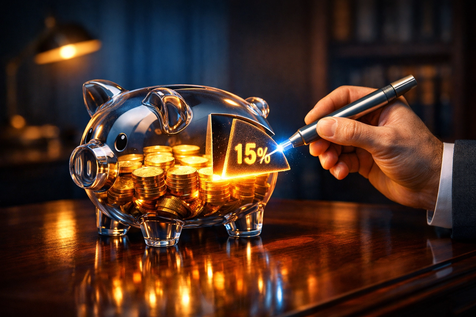 Piggy bank showing a 15% cut representing self-employment tax obligations for small business owners.