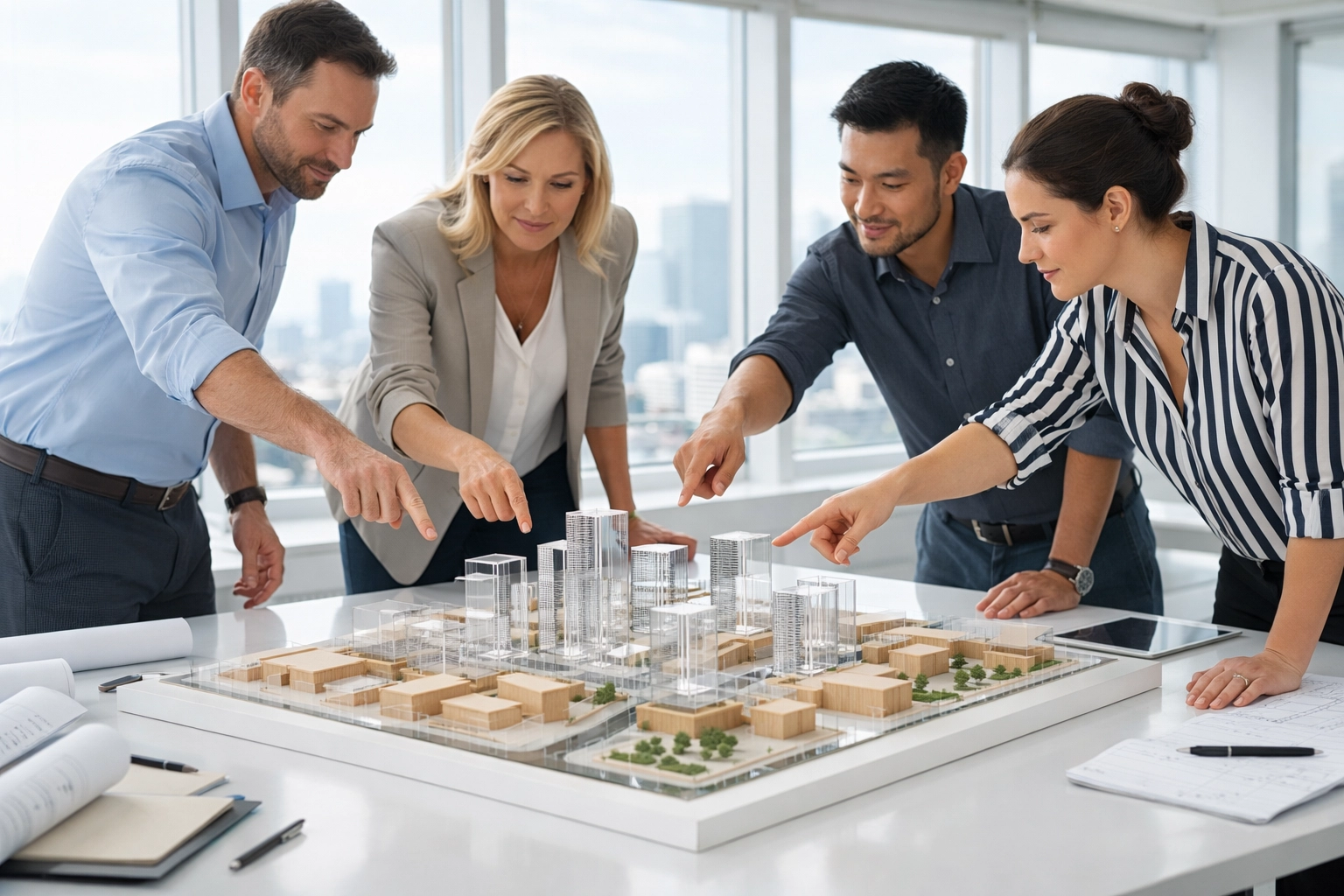 Strategic marketing leaders collaborating in a modern studio to provide human-led oversight for automated systems.