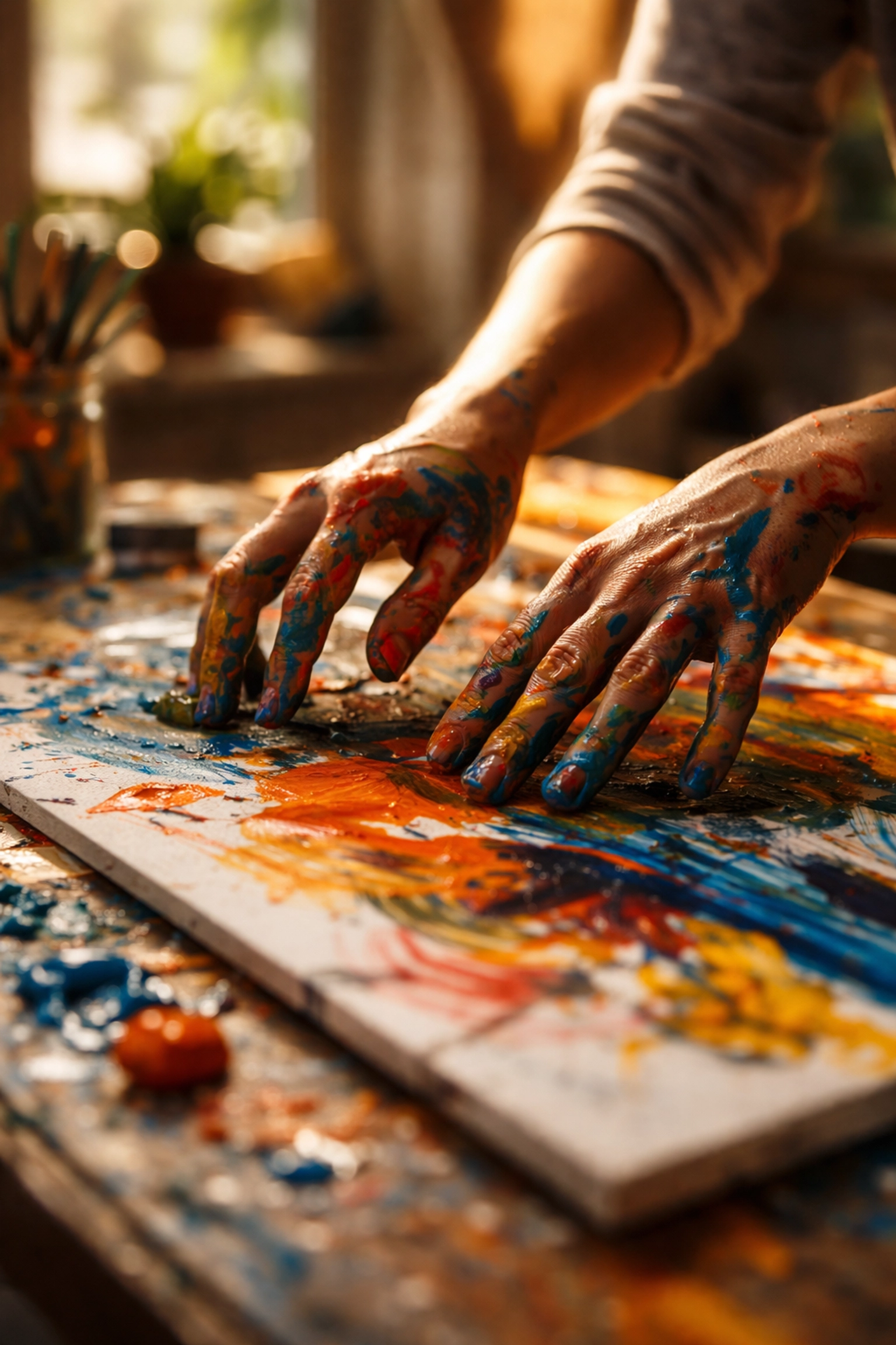 Close-up of hands painting an abstract canvas in a creative workshop, highlighting human creativity and expression.