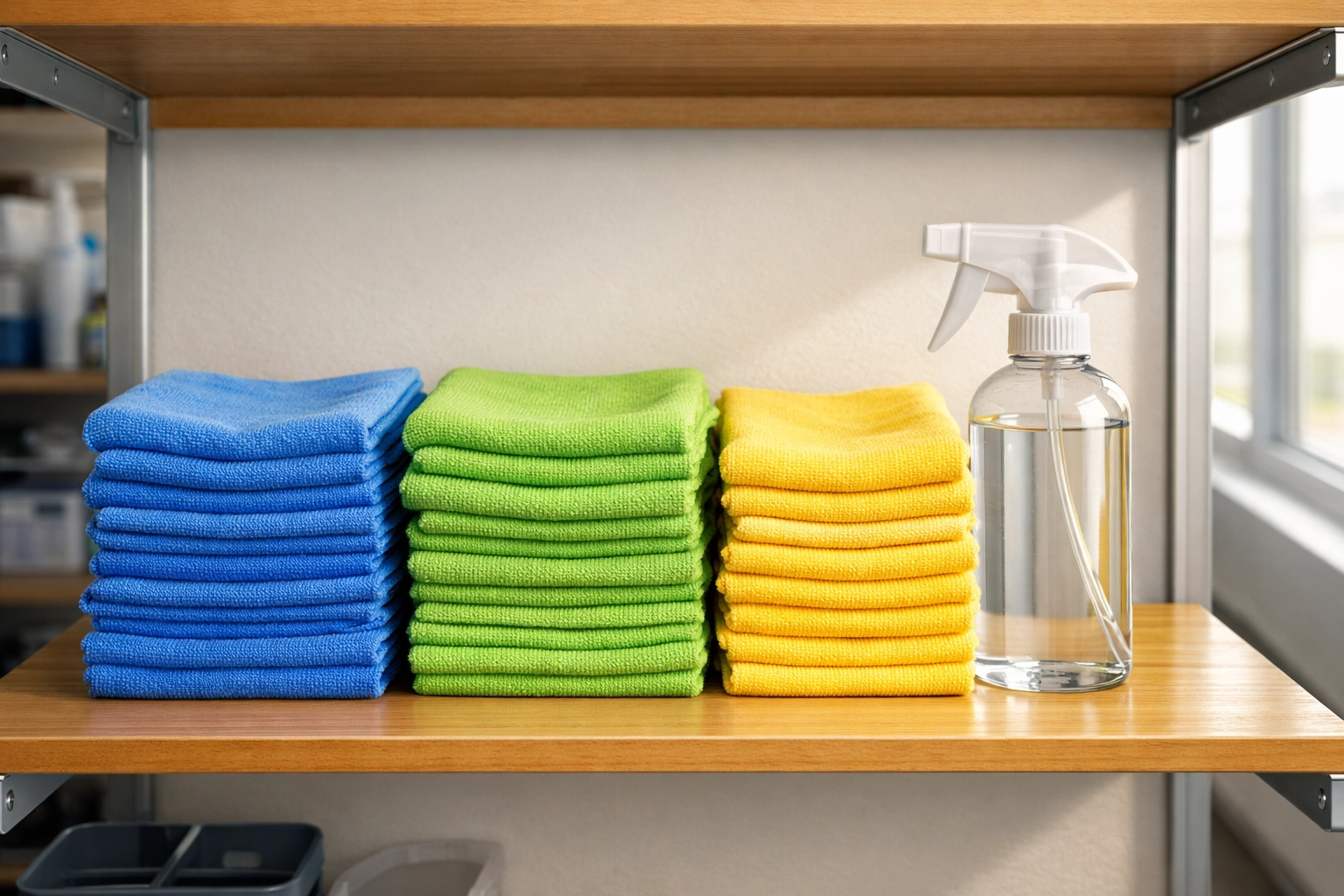 Organized color-coded microfiber cloths and cleaning supplies for professional office janitorial services.