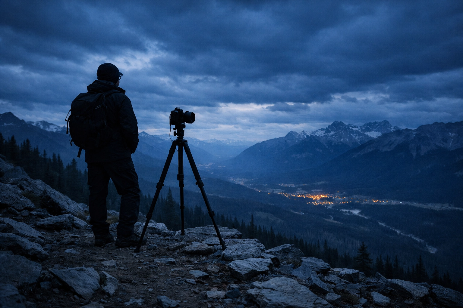 Photographer on a mountain ridge demonstrates the importance of planning for landscape photography.