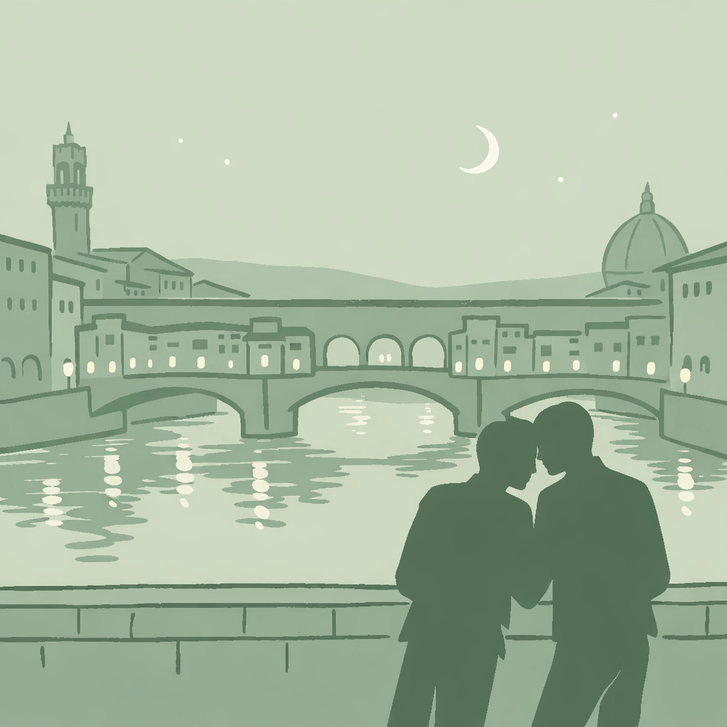 Gay couple standing together on Ponte Vecchio bridge at twilight in Florence